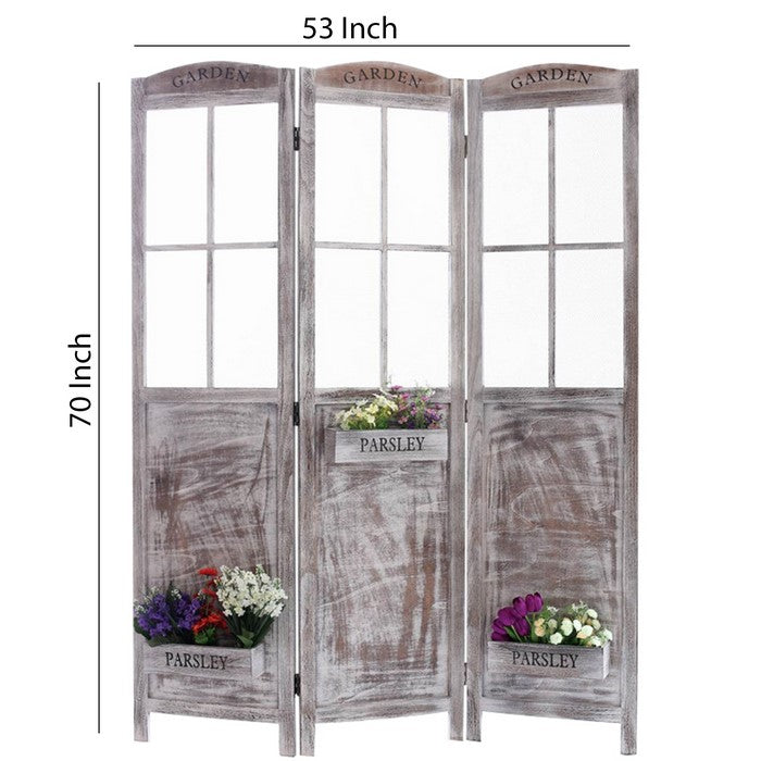 3 Panel Foldable Wooden Screen with Garden Design, Brown