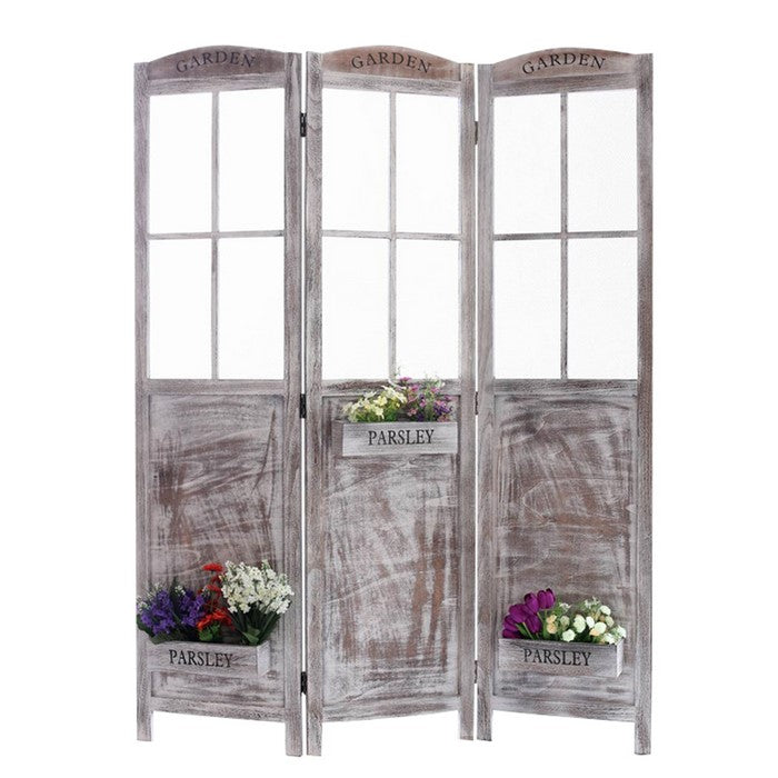 3 Panel Foldable Wooden Screen with Garden Design, Brown