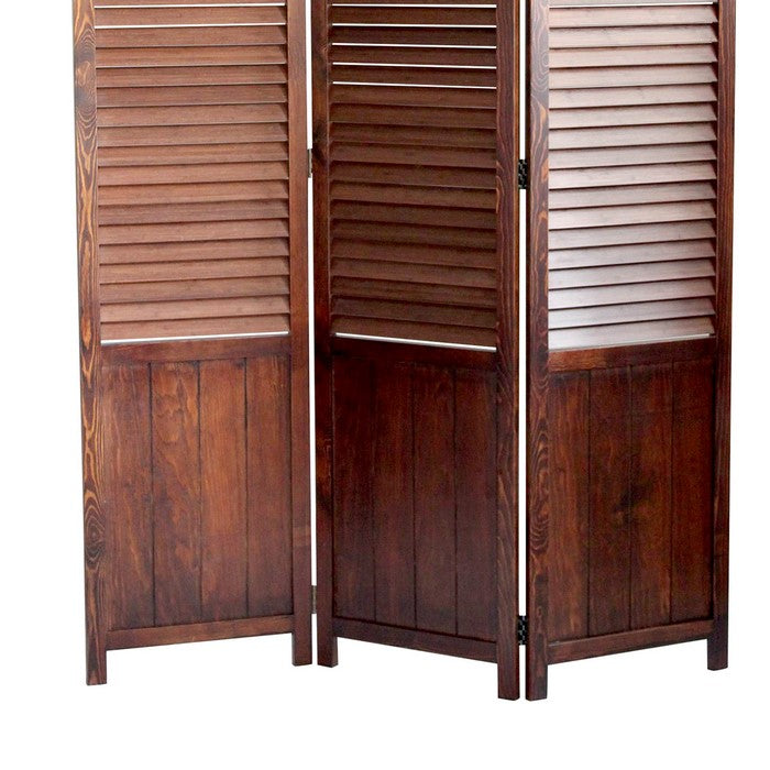 Traditional Foldable Wooden Shutter Screen with 3 Panels, Brown