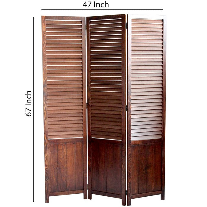 Traditional Foldable Wooden Shutter Screen with 3 Panels, Brown
