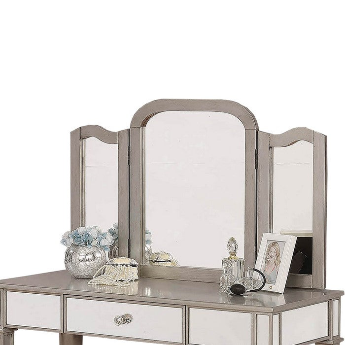 Wooden Vanity Set with 1 Drawer and Tri Fold Mirror, Gray and Silver
