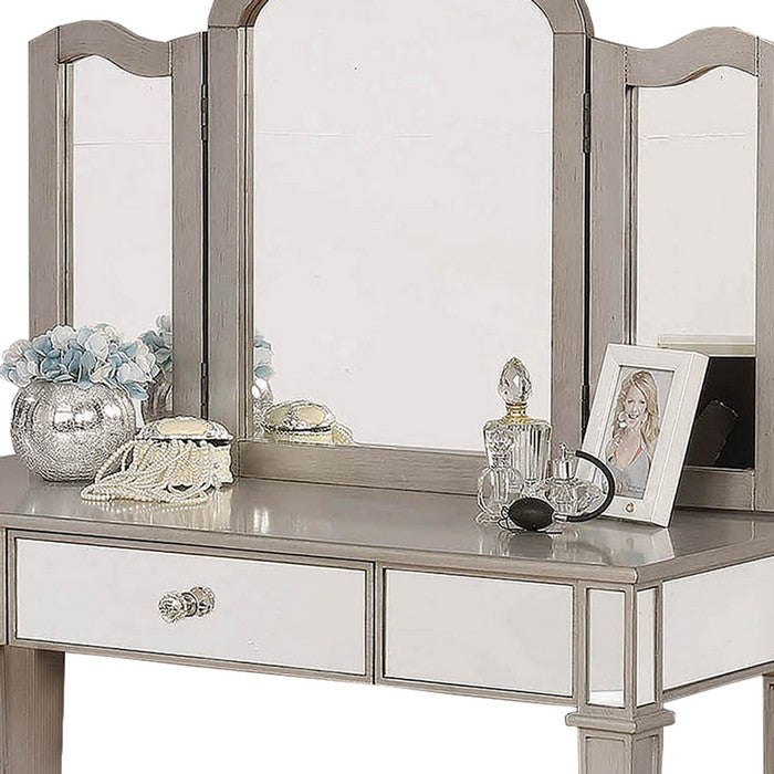 Wooden Vanity Set with 1 Drawer and Tri Fold Mirror, Gray and Silver