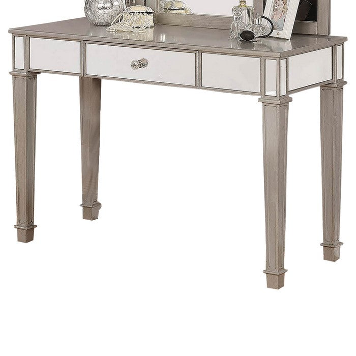 Wooden Vanity Set with 1 Drawer and Tri Fold Mirror, Gray and Silver
