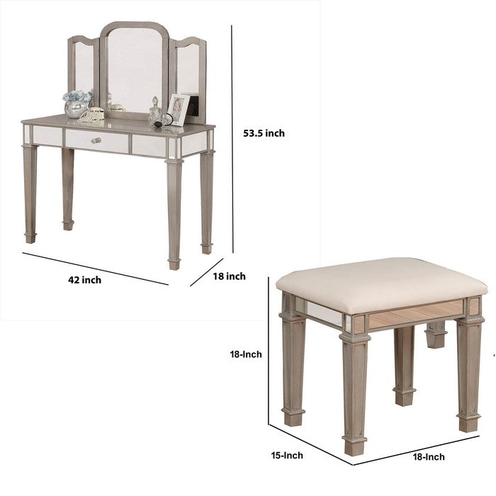 Wooden Vanity Set with 1 Drawer and Tri Fold Mirror, Gray and Silver