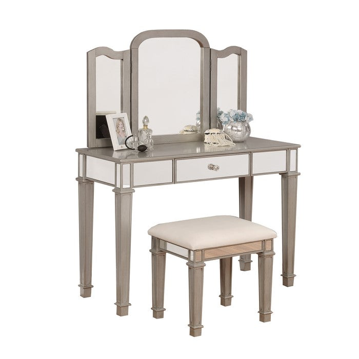 Wooden Vanity Set with 1 Drawer and Tri Fold Mirror, Gray and Silver