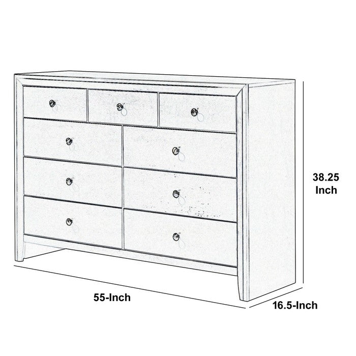 Transitional Style 9 Drawer Dresser with Round Knobs, Gray