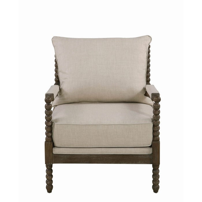 Cushioned Back Fabric Upholstered Spindle Accent Chair, Beige and Brown