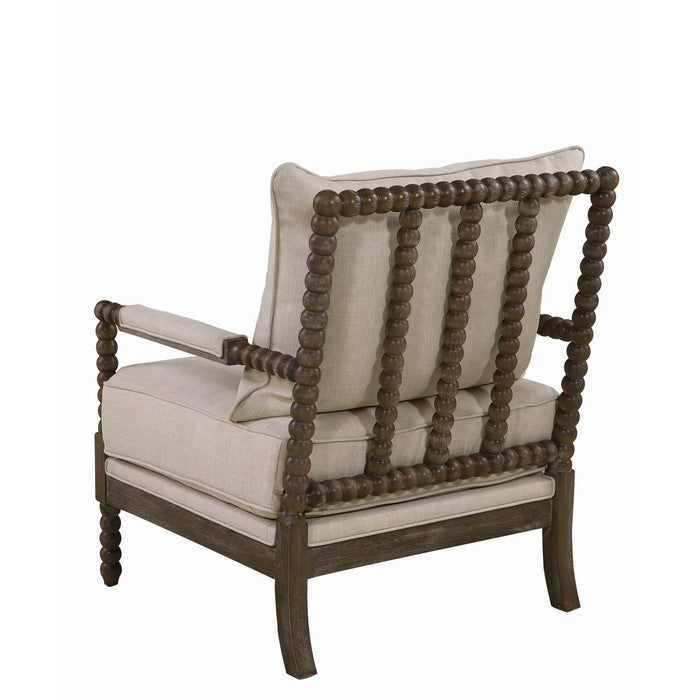 Cushioned Back Fabric Upholstered Spindle Accent Chair, Beige and Brown
