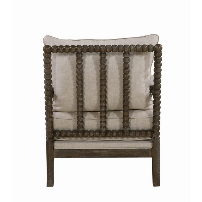 Cushioned Back Fabric Upholstered Spindle Accent Chair, Beige and Brown