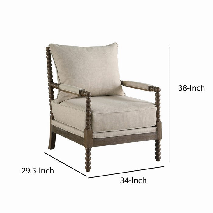 Cushioned Back Fabric Upholstered Spindle Accent Chair, Beige and Brown