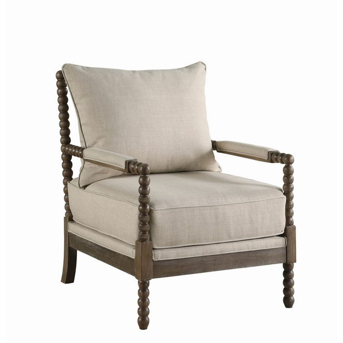 Cushioned Back Fabric Upholstered Spindle Accent Chair, Beige and Brown