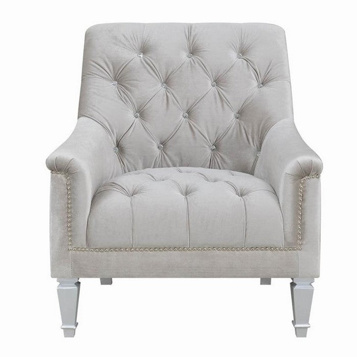 Velvet Upholstered Chair with Rhinestone Button Tufting, Gray