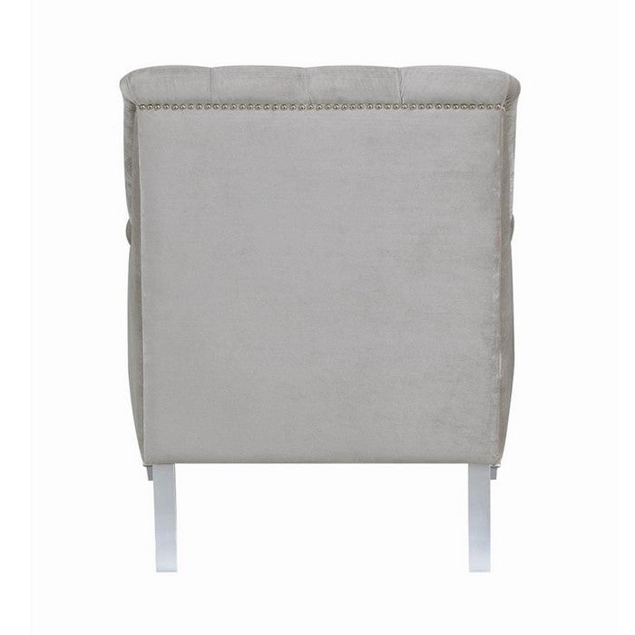 Velvet Upholstered Chair with Rhinestone Button Tufting, Gray