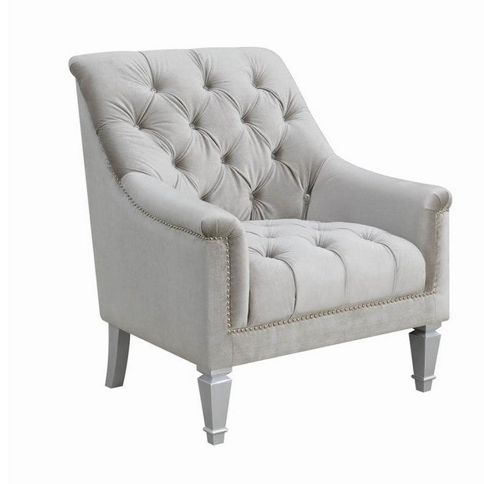 Velvet Upholstered Chair with Rhinestone Button Tufting, Gray