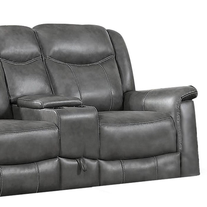 Leatherette Wooden Loveseat with Power Reclining Motion, Gray