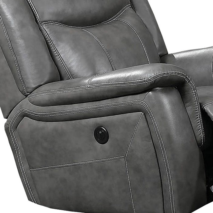 Leatherette Wooden Power Reclining Sofa with Push Button, Gray