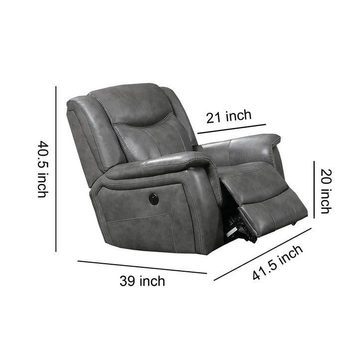 Leatherette Wooden Power Reclining Sofa with Push Button, Gray