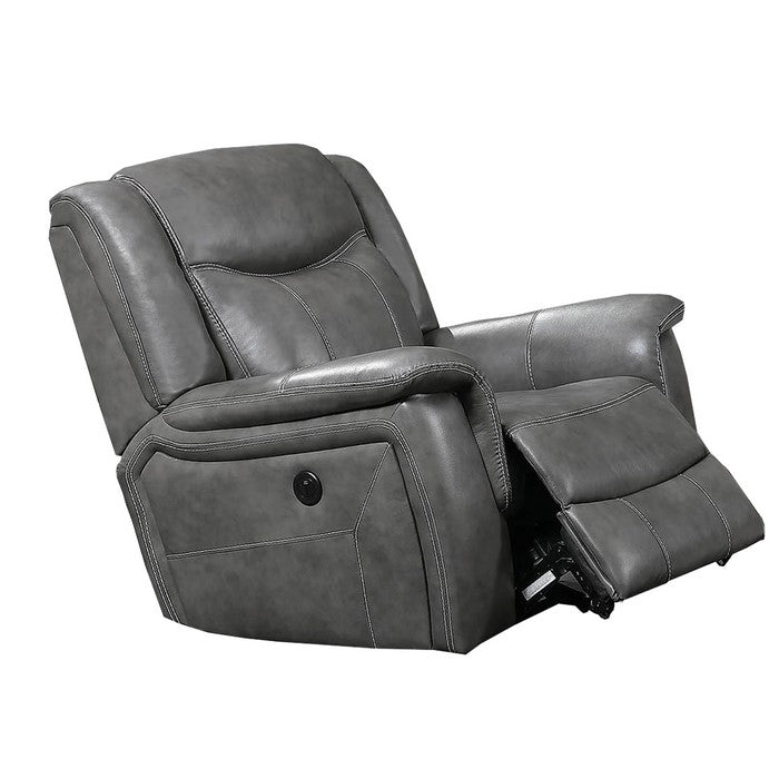 Leatherette Wooden Power Reclining Sofa with Push Button, Gray