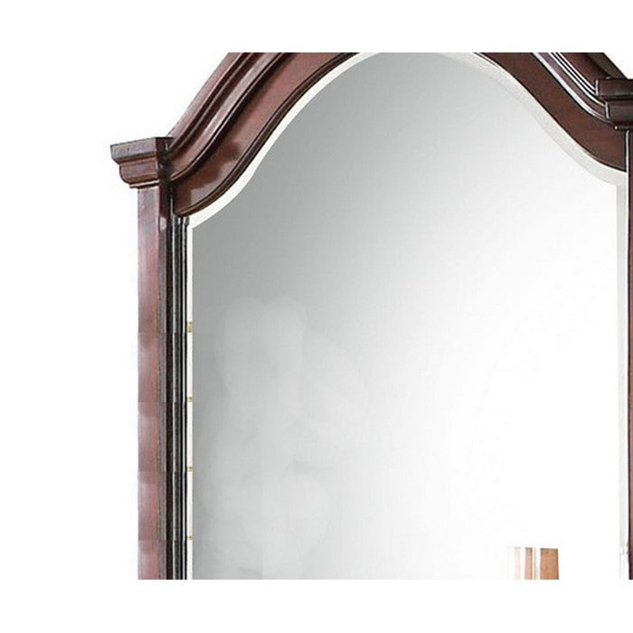 Traditional Wooden Mirror with Arched Top and Scrollwork Crown, Brown