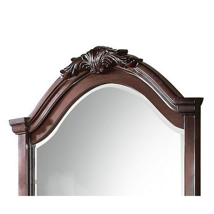 Traditional Wooden Mirror with Arched Top and Scrollwork Crown, Brown