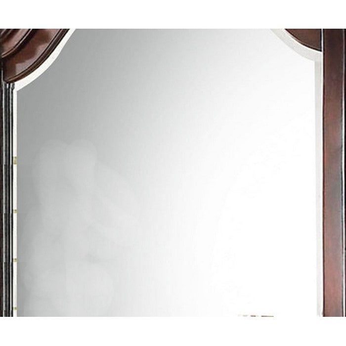 Traditional Wooden Mirror with Arched Top and Scrollwork Crown, Brown
