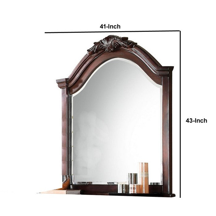 Traditional Wooden Mirror with Arched Top and Scrollwork Crown, Brown