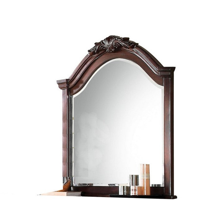 Traditional Wooden Mirror with Arched Top and Scrollwork Crown, Brown