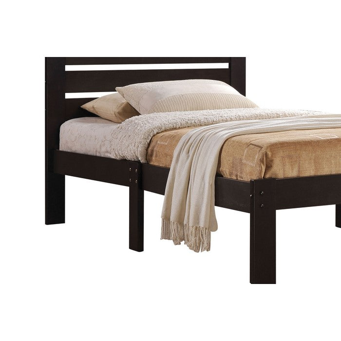 Contemporary Style Wooden Full Size Bed with Slatted Headboard, Brown
