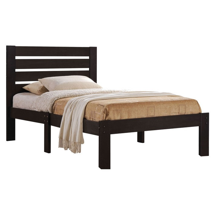 Contemporary Style Wooden Full Size Bed with Slatted Headboard, Brown