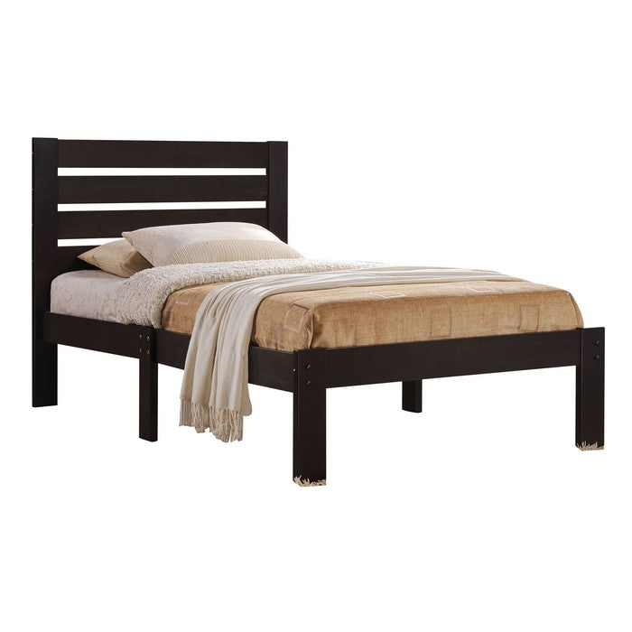 Contemporary Style Wooden Twin Size Bed with Slatted Headboard, Brown
