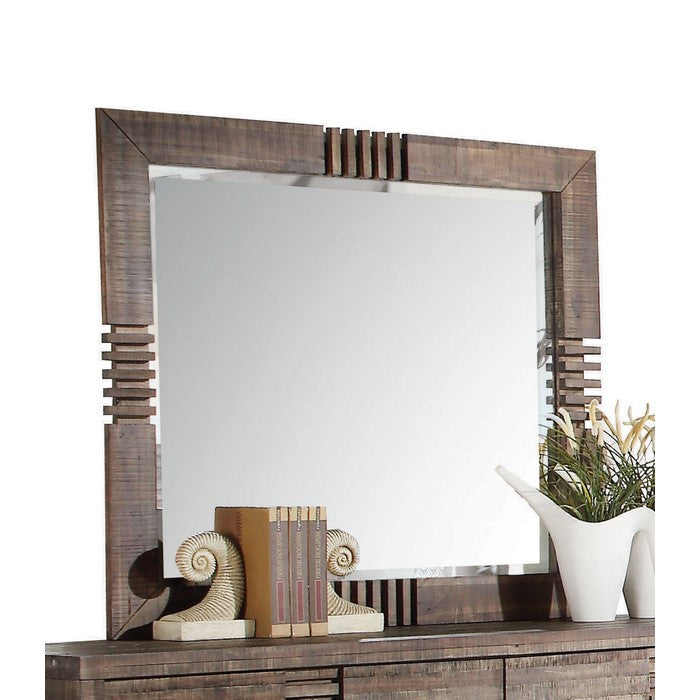 Rectangular Wooden Frame Mirror with Slat Pattern, Brown and Silver