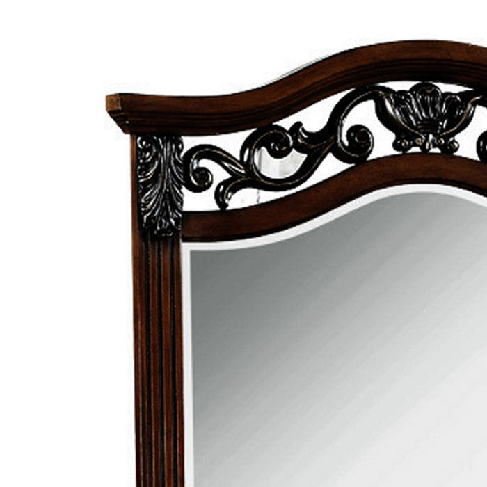 Wooden Mirror with Scalloped Top and Scrollwork Details, Dark Brown