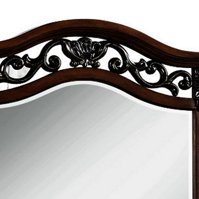 Wooden Mirror with Scalloped Top and Scrollwork Details, Dark Brown