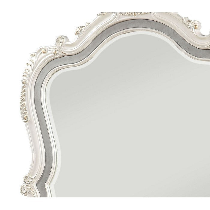 Traditional Mirror with Wooden Scrollwork Crown, White and Silver