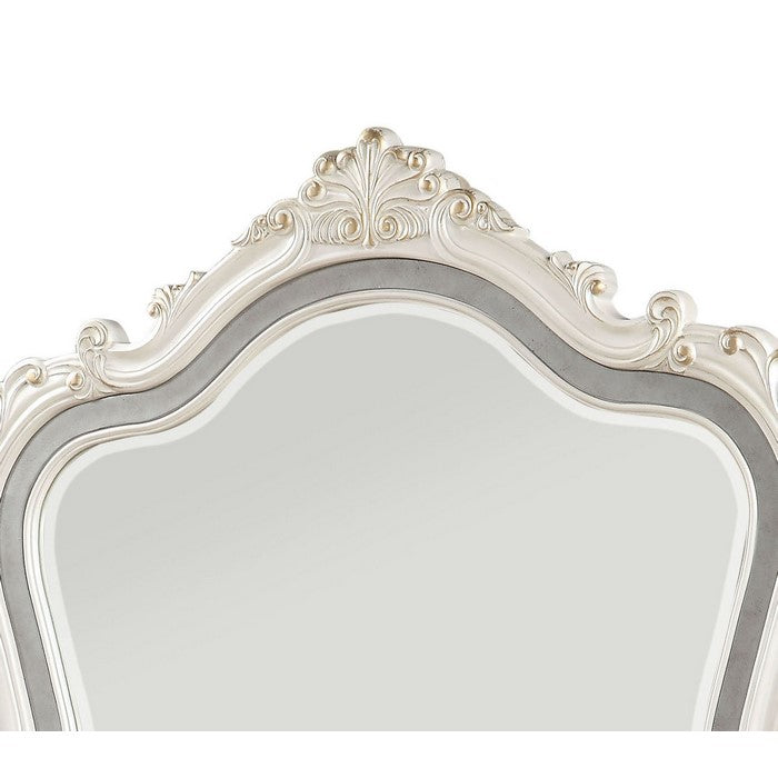 Traditional Mirror with Wooden Scrollwork Crown, White and Silver