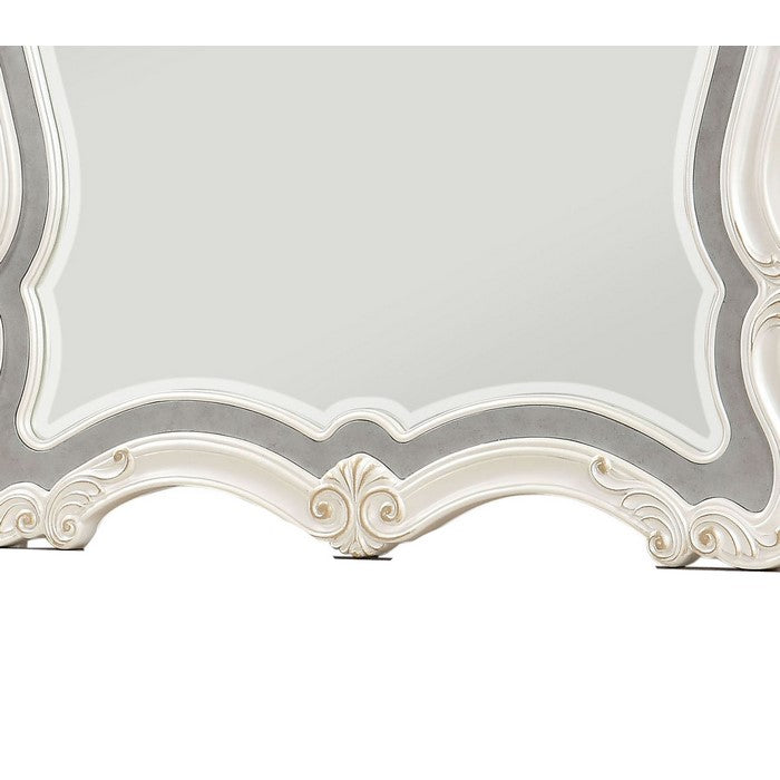Traditional Mirror with Wooden Scrollwork Crown, White and Silver
