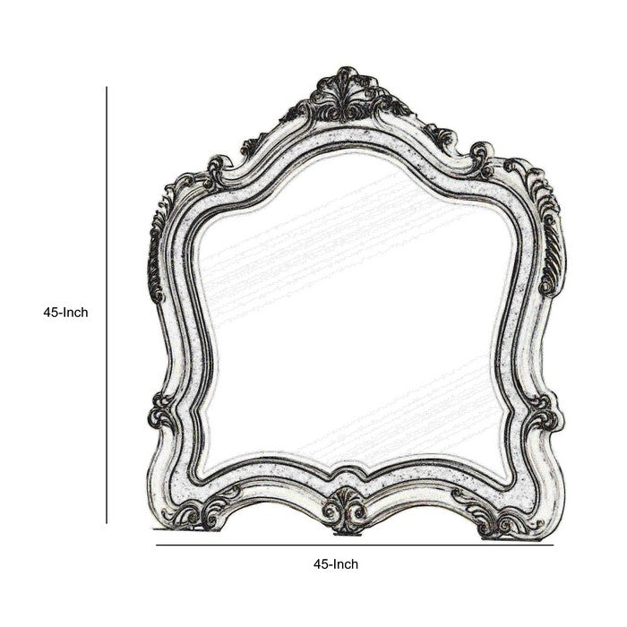 Traditional Mirror with Wooden Scrollwork Crown, White and Silver
