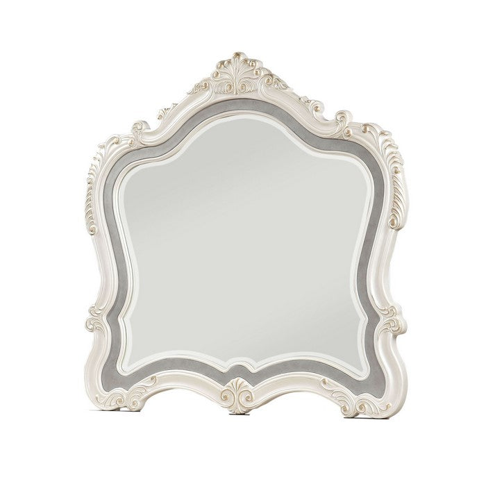 Traditional Mirror with Wooden Scrollwork Crown, White and Silver