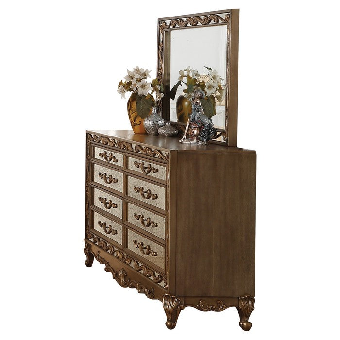 Rectangular Wooden Mirror with Raised Scrolled Inlays, Gold and Silver