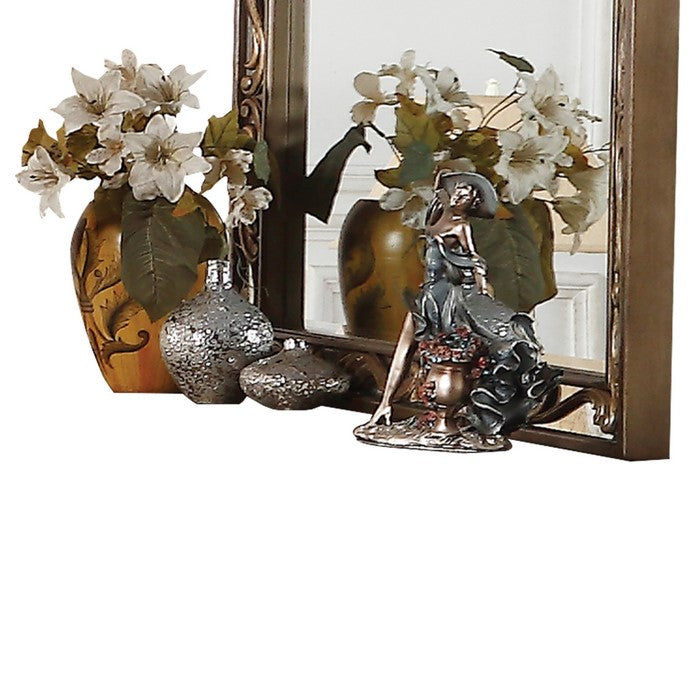 Rectangular Wooden Mirror with Raised Scrolled Inlays, Gold and Silver