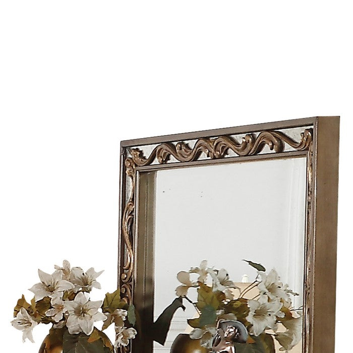 Rectangular Wooden Mirror with Raised Scrolled Inlays, Gold and Silver