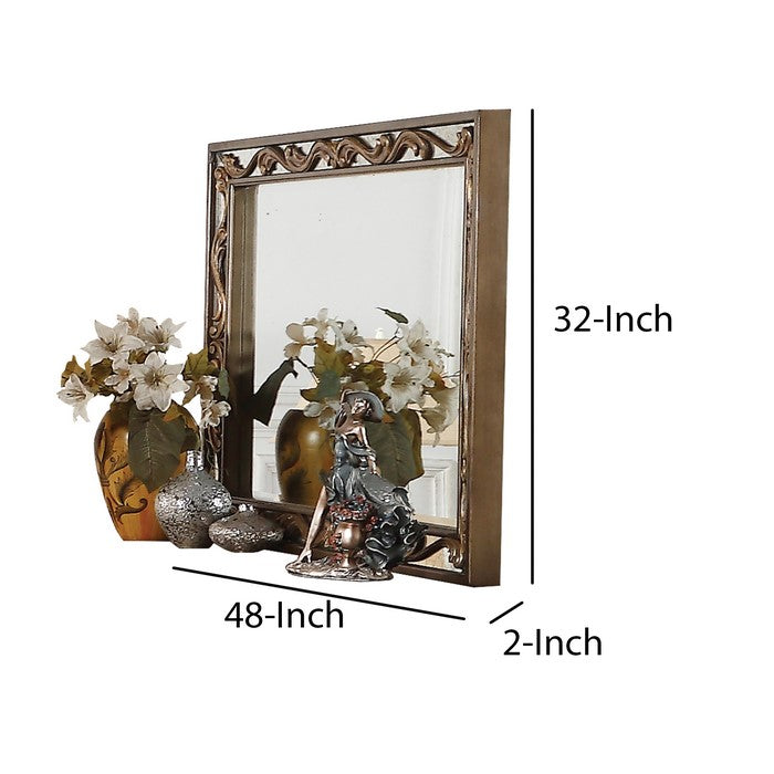 Rectangular Wooden Mirror with Raised Scrolled Inlays, Gold and Silver