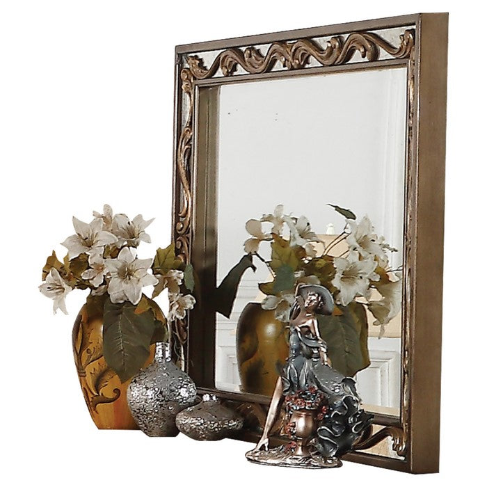 Rectangular Wooden Mirror with Raised Scrolled Inlays, Gold and Silver