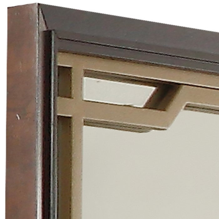 Rectangular Wooden Mirror with Metal Cutout Pattern, Brown and Gold