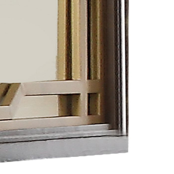 Rectangular Wooden Mirror with Metal Cutout Pattern, Brown and Gold