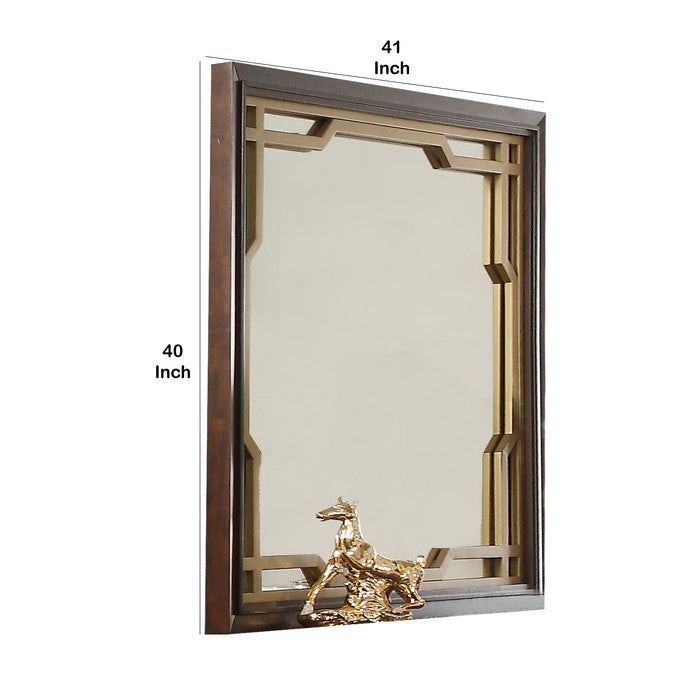 Rectangular Wooden Mirror with Metal Cutout Pattern, Brown and Gold