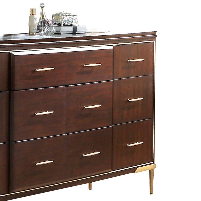 Wooden Dresser with Raised Panel and 7 Spacious Drawers,Brown and Gold