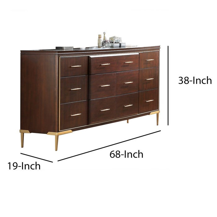 Wooden Dresser with Raised Panel and 7 Spacious Drawers,Brown and Gold