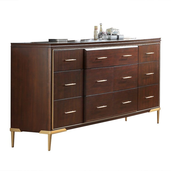 Wooden Dresser with Raised Panel and 7 Spacious Drawers,Brown and Gold