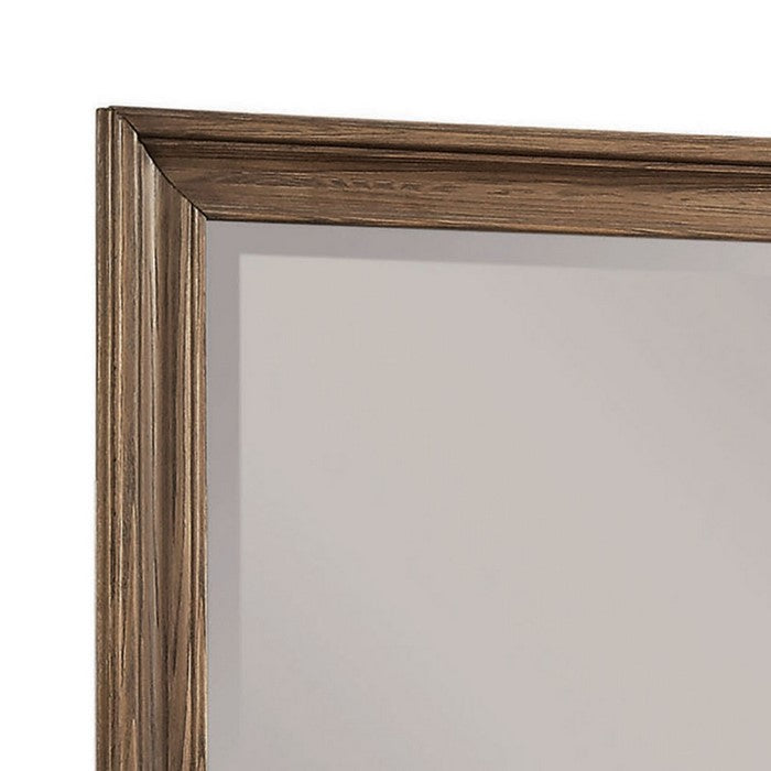 Rectangular Wooden Frame Beveled Mirror, Oak Brown and Silver